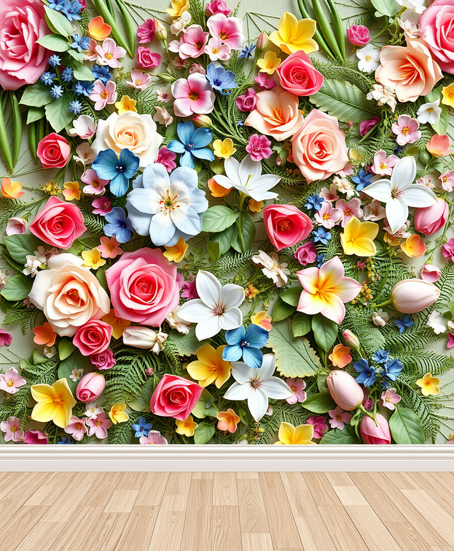 A stunning 3D concept of floral wallpapers, featuring an intricate and vibrant intertwining of various flowers and plants. The design incorporates a variety of colors, including shades of pink, blue, yellow, and green. The wallpaper features roses, lilies, tulips, and other exotic blooms, alongside delicate ferns and vines. The 3D effect creates a sense of depth and dimension, making it appear as if the flowers are coming alive and bursting from the wall. This imaginative design would be perfect for bringing a touch of natural beauty and life to any room. - Image