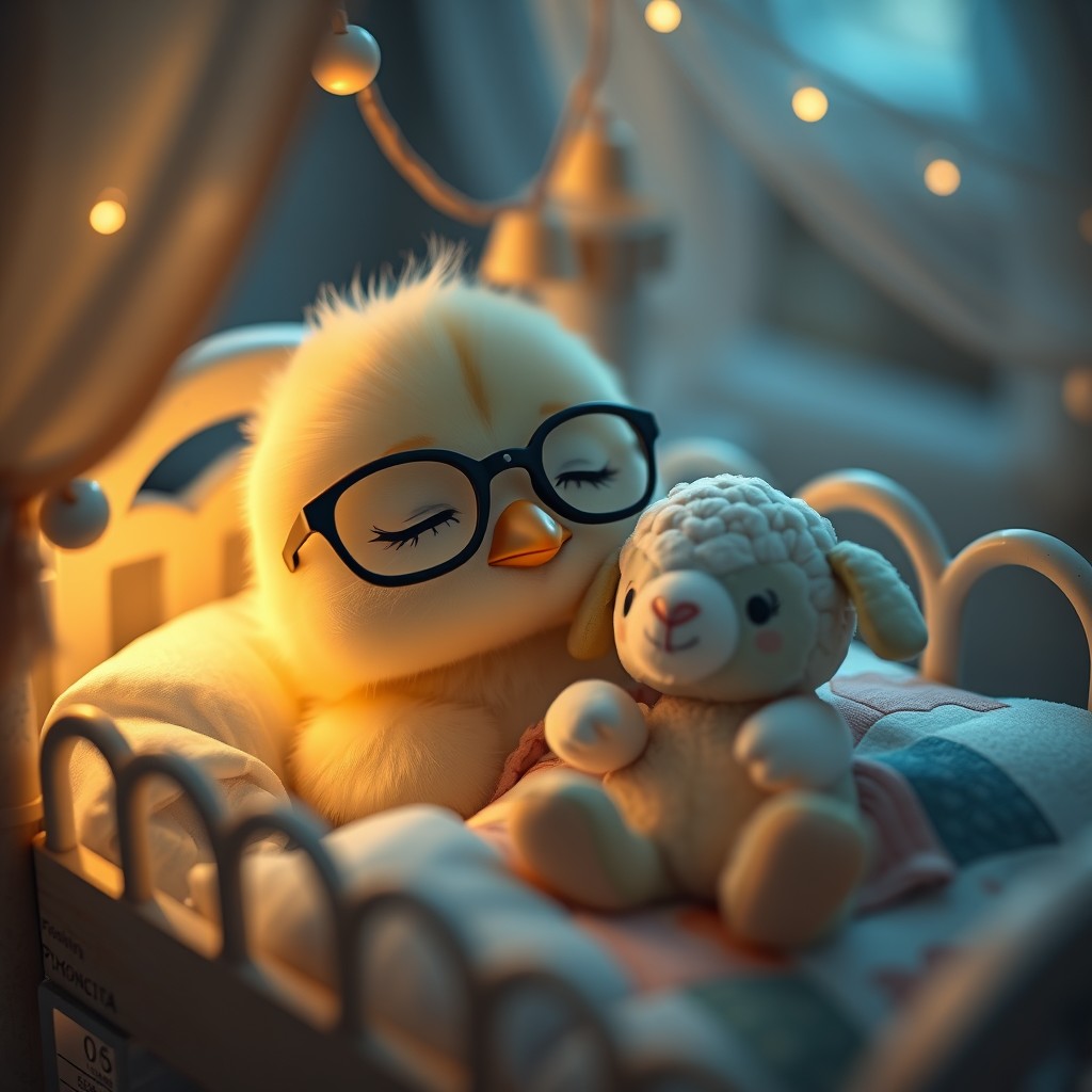 It is night. A sweet little delicate chick, Kawaii with a small, rounded beak, is wearing glasses and sleeping in its precious little bed with tiny, fluffy bells, dim lights, and childlike details, with the name PICHONCITA written on it, hugging a tiny cute stuffed sheep with patchwork blankets. - Image