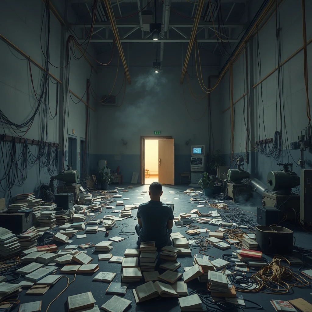 A real-life photograph, wide shot, of someone sitting in the corner of a large hall, reading a book. The hall has some books scattered messily, and many wires of varying thicknesses are on the floor and in the air, including red, blue, yellow, and other colors. Additionally, there are some machines emitting steam. At night, the lighting is dim, and there are some plants. At night, the main door of the hall is open. - Image