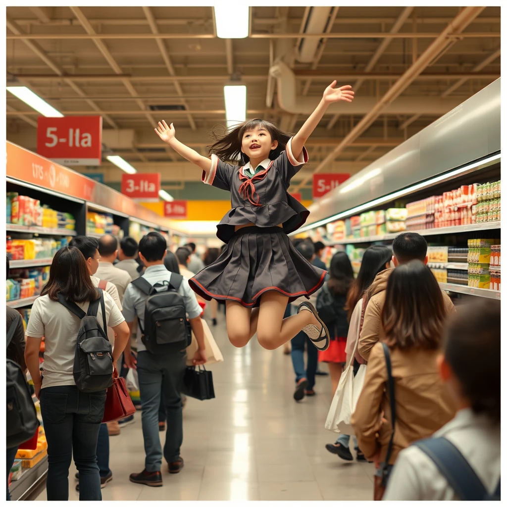 In the supermarket, there are many people, and one of them, a Japanese schoolgirl in a skirt, has flown up into the air.