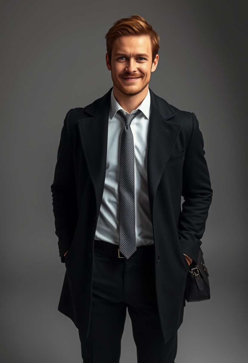 Jamie Dornan's head and body shot, handsome, young, shame smile, white shirt half buttoned, grey patterned tie, black coat suit, leather shoes, leather bag, hyper realistic, studio photography, full body photography.