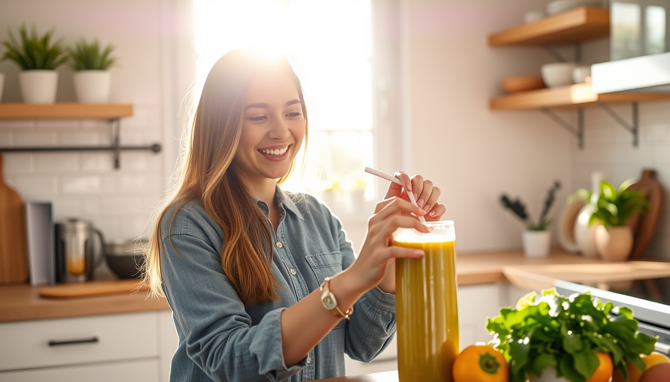 Happy young woman preparing a healthy smoothie in a bright kitchen reflecting the energy and freshness of a sunny morning.