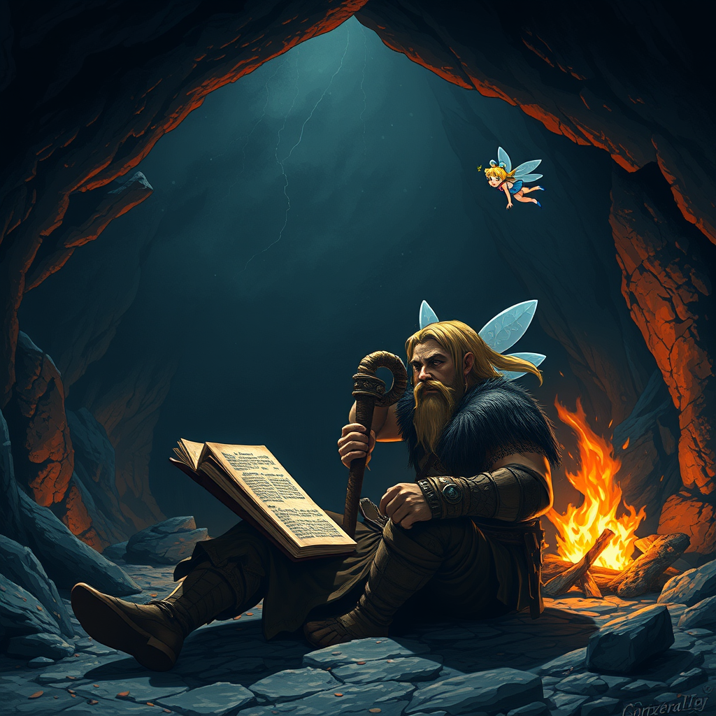 Real-life photography: At night, in the cave, there is a barbarian reading a book. The cave is very large, and there is a bonfire. A little fairy that looks like Sailor Moon is flying beside him. - Image