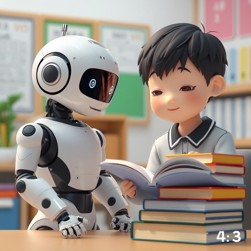 An artificial intelligence robot is watching next to an elementary school student reading, with books piled up next to him, featuring 3D characters, Korean students, cute characters, a study room background, a neat background, and a pastel atmosphere --ar 4:3.