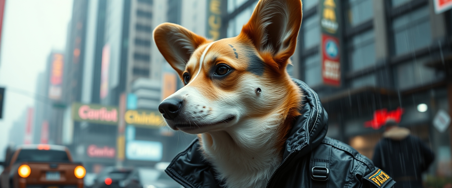 An adult corgi stands in a cyberpunk city, in the rain. He's wearing a cyberpunk style jacket. The corgi has an augmentation on his right eye and a lot of scars. Cyberpunk implants are visible on the corgi. A masterpiece, maximum detail, cinematography.