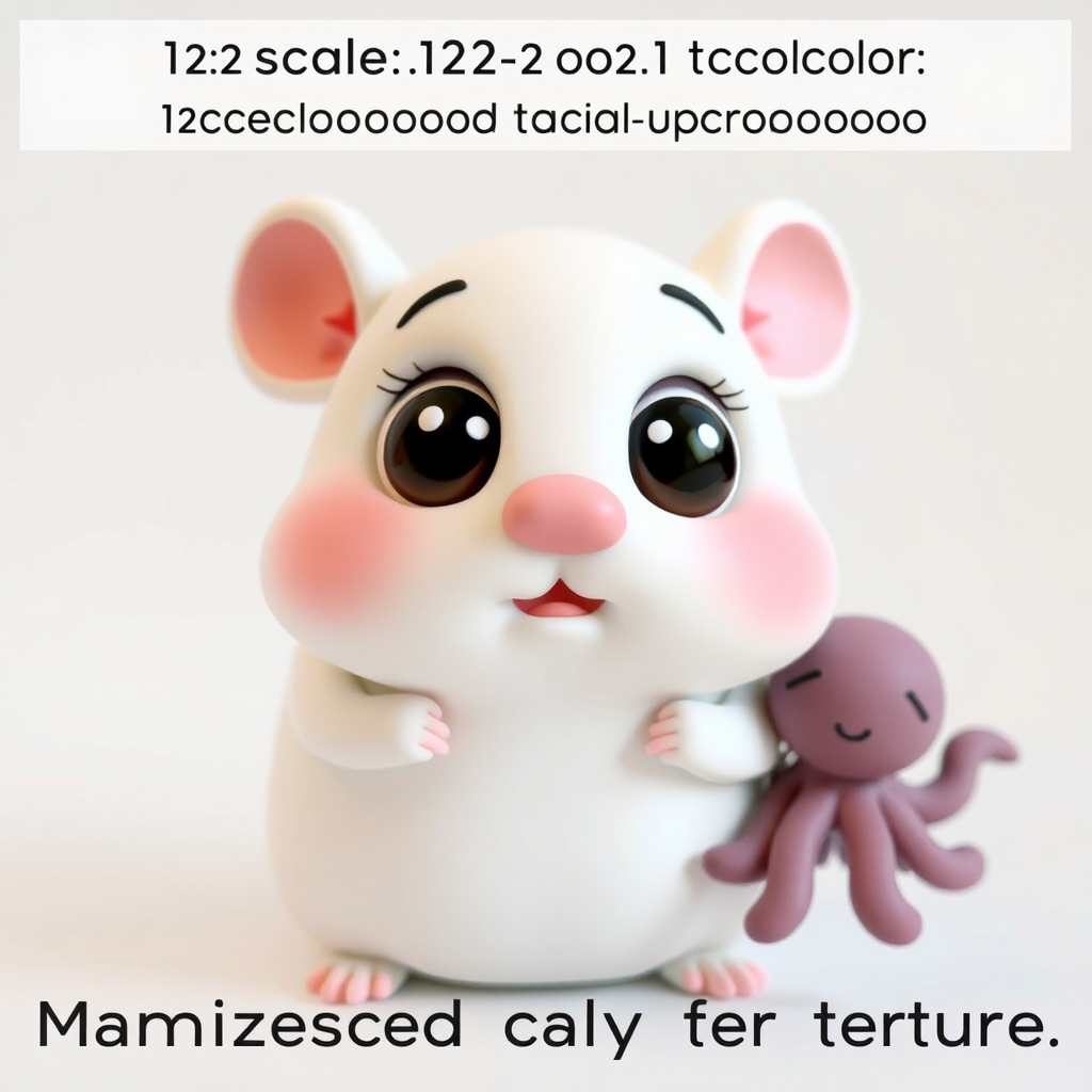 A cute white hamster with big eyes and a pink nose and pouty lips, and a smaller, cuter mauve octopus, 1:2 scale, cute characters, three-dimensional 3D animation, and maximized clay texture. - Image