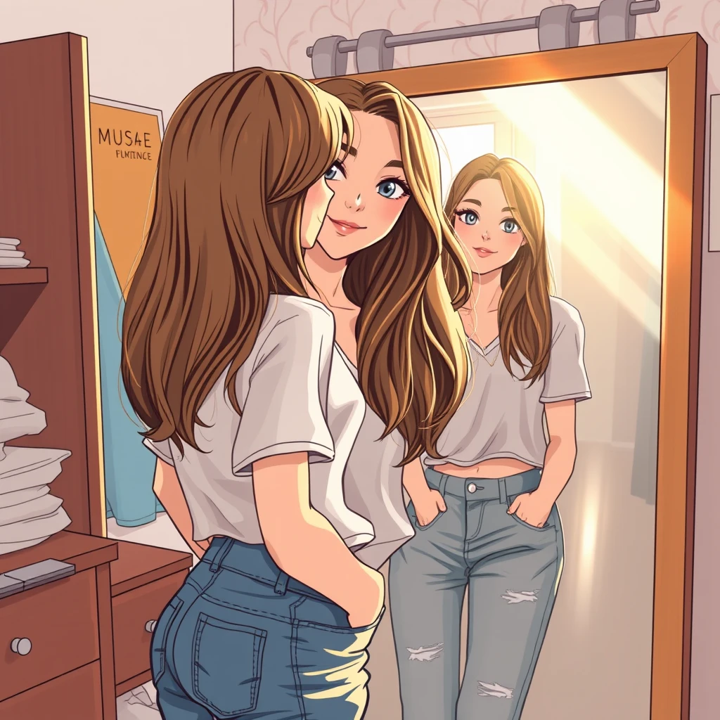 A woman in her 20s, long hair, casual outfit, confident expression, standing in front of a mirror looking at herself, tidy room, sunlight streaming through the window, realistic and warm-colored illustration style. - Image