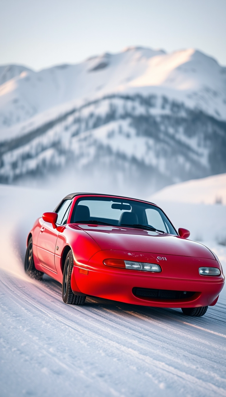 Create an image of a red 1991 Mazda MX-5 drifting on a snowy mountain. - Image