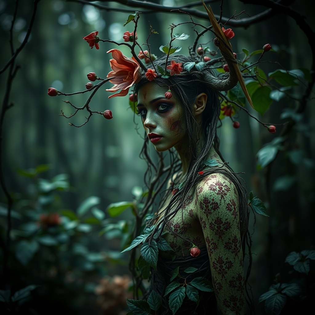 Photography, plant dryad girl made of vine branch, flower, and leaves in a dark wood, bloodthirsty, cinematic, horror movie. - Image