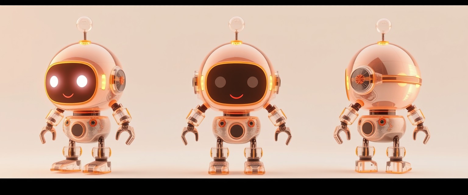 Cute aesthetic, a tiny cute translucent polycarbonate robot with an LED screen face, emoticon, stunning unreal engine render, intricate details, three views, simple background.