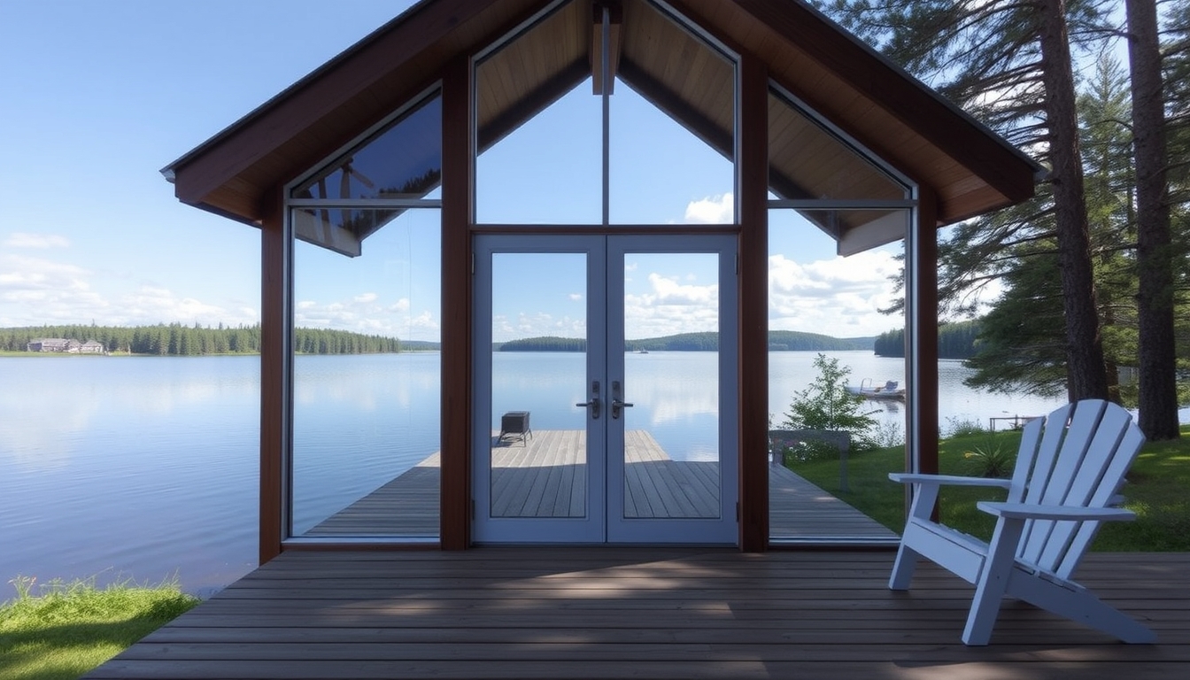 A serene lakeside cabin with a glass front, offering an unobstructed view of the water. - Image