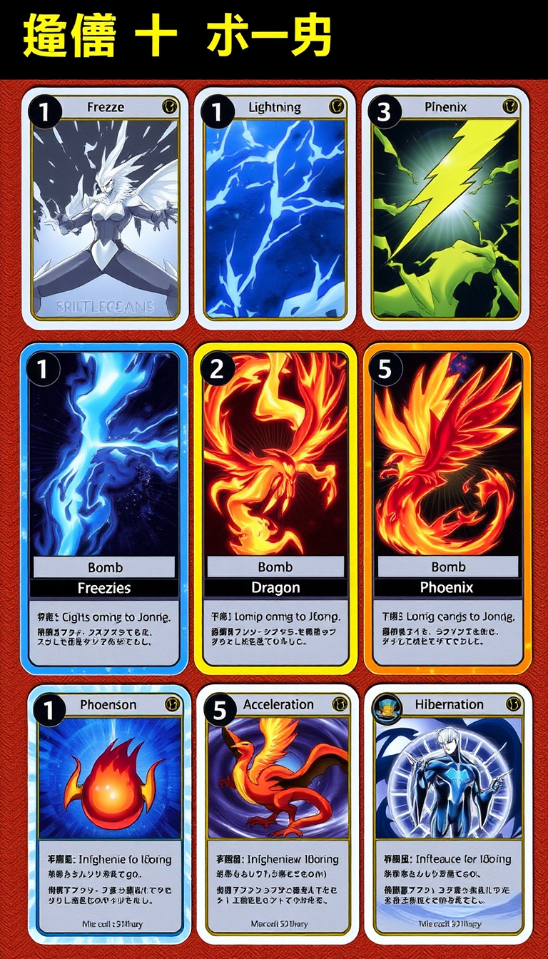 A set of 9 types of skill cards, arranged side by side, including: Freeze, Lightning, Bomb, Fire Dragon, Phoenix, Acceleration, Hibernation.