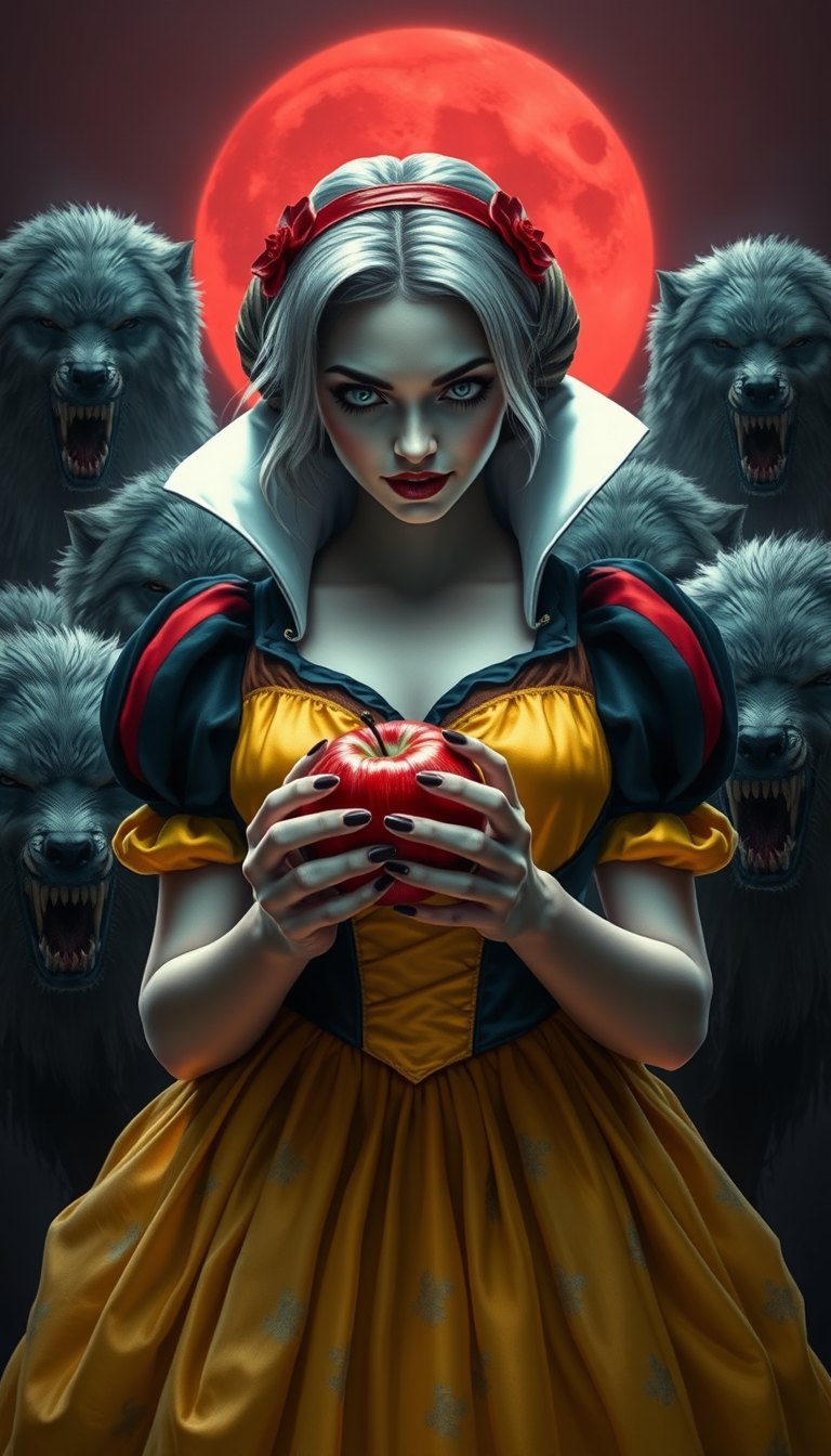 Snow White vampire with an apple in her hands and seven werewolves, hyperrealism, gothic, horror, neckline, bright dress, red moon in the background, white hair, awe-inspiring look, focus on the face, retracted cheekbones.