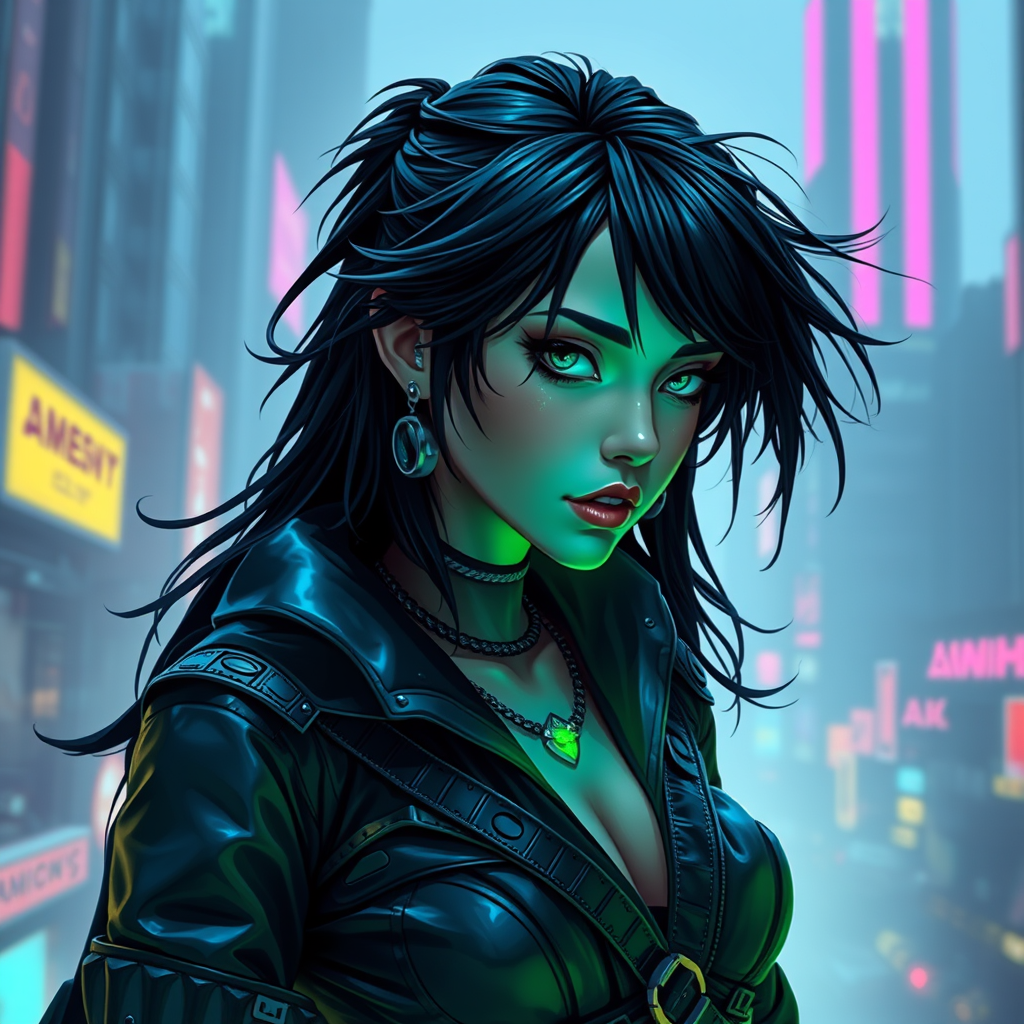 Cyber style of women warrior with rugged black hair and cybernetic implants | merging leather garments with futuristic cyberpunk elements | flowing robes and high-tech armor plating | dystopian cityscape background | in deep blue and neon green. hyper-real, 8k, AR, cute face style. - Image