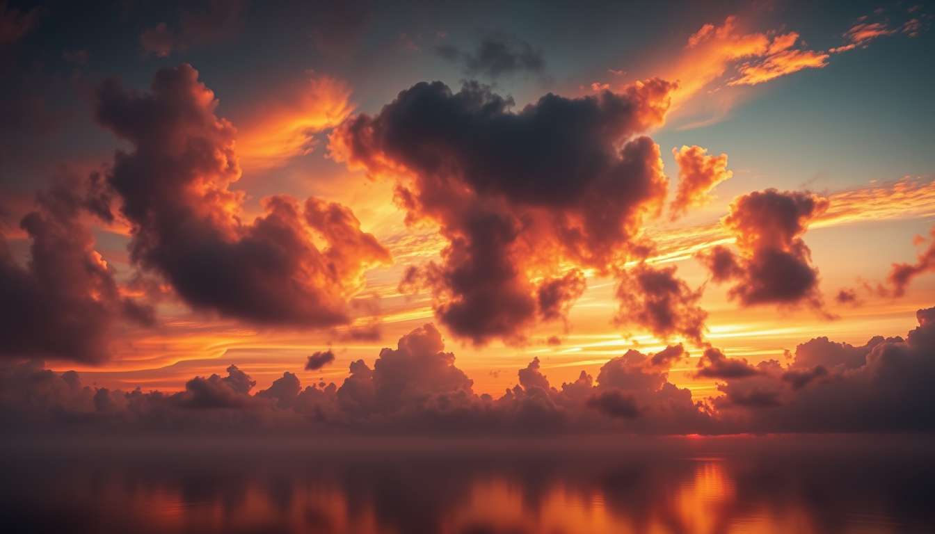 fiery sunset, clouds, high quality, photorealistic, evening sky, reflection, serene - Image