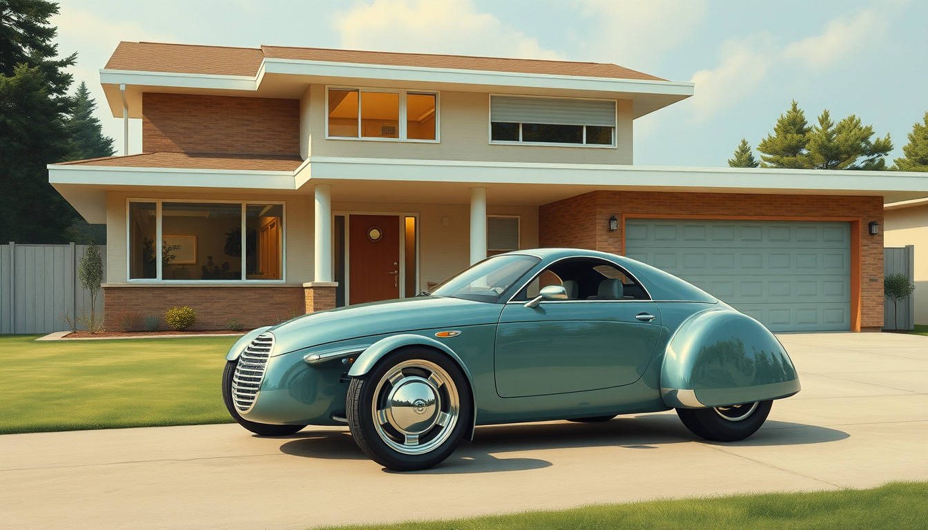 A mid-century-modern house, with a 3-wheeled car in front, configuration: 2 wheels in front and 1 centered in the rear, a painting by Syd Mead, 4k. - Image