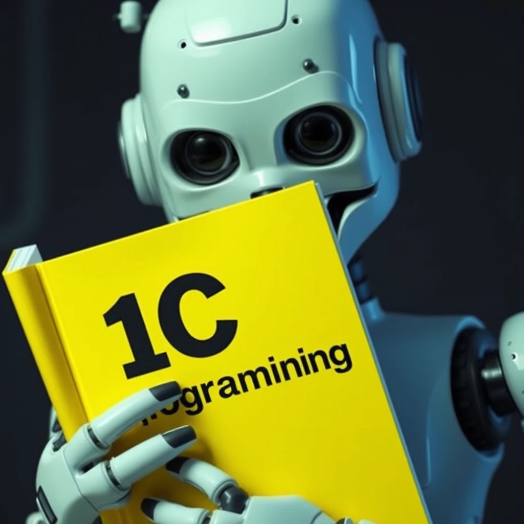 The robot is gnawing its teeth on a yellow book labeled 1C Programming.