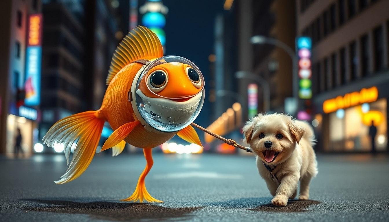 A cute, happy goldfish wearing a fish bowl as a breathing mask (half filled with water) is walking a cute dog on a leash in the streets at night, colorful city lights, happily laughing, mouth open, cute face, walking on fins (no legs), fluffy dog in front, silly walk, ultra realistic, realism.