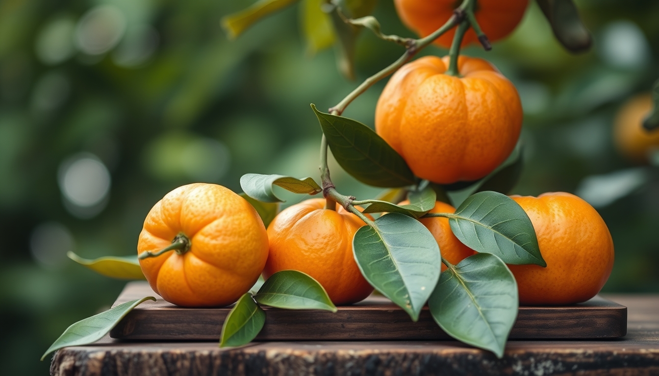 Mandarin fruits, tangerine tree leaves, and wooden board on green bokeh background.