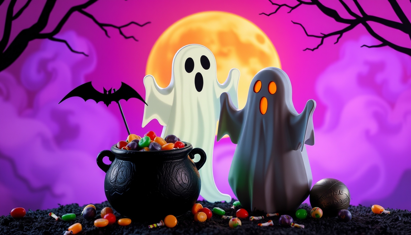 Spooky Halloween Ghost and Candy Cauldron