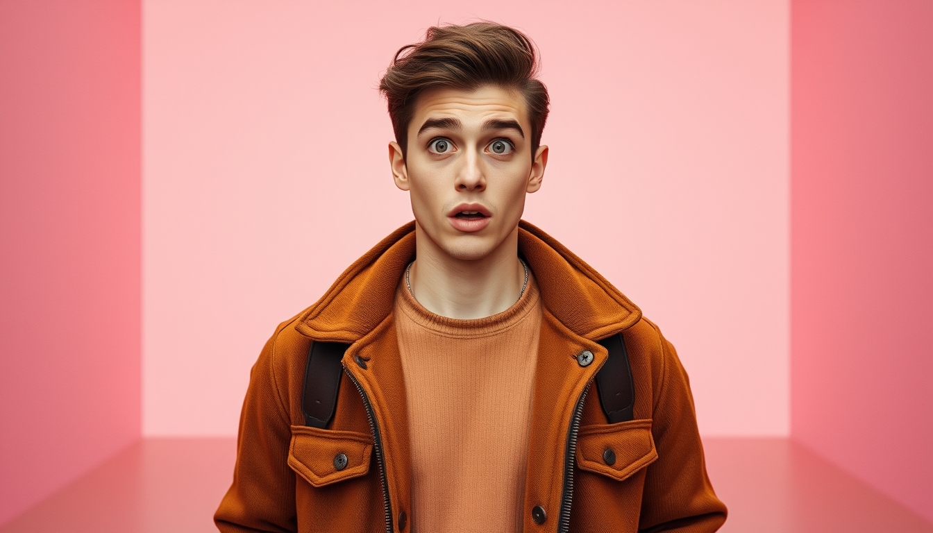 Photo portrait of a pretty young male looking shocked in an empty space, wearing a trendy brown outfit, isolated on a colored background, 8k UHD, high detail.