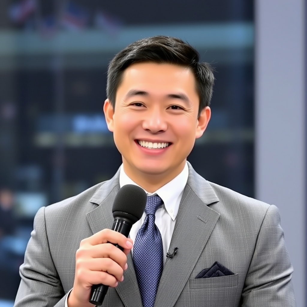 Photo style, handsome, cute, Chinese man, news anchor, gray suit, short hair, smiling, showing teeth, holding microphone, facing the camera.