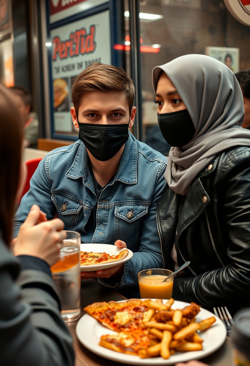 Jamie Dornan's head and body shot, handsome, young, face mask black, blue jeans jacket, jeans, dating love with grey hijab Muslim girl, beautiful eyes, face mask black, black leather jacket, biggest floral skirt, at hot pizza fast food restaurant, plate of slice of pizza cheese, plate of Korean fried chicken and fries, glass of soft drink, eating with 3 another random smile friend at back, photorealistic, hyper realistic, street photography.