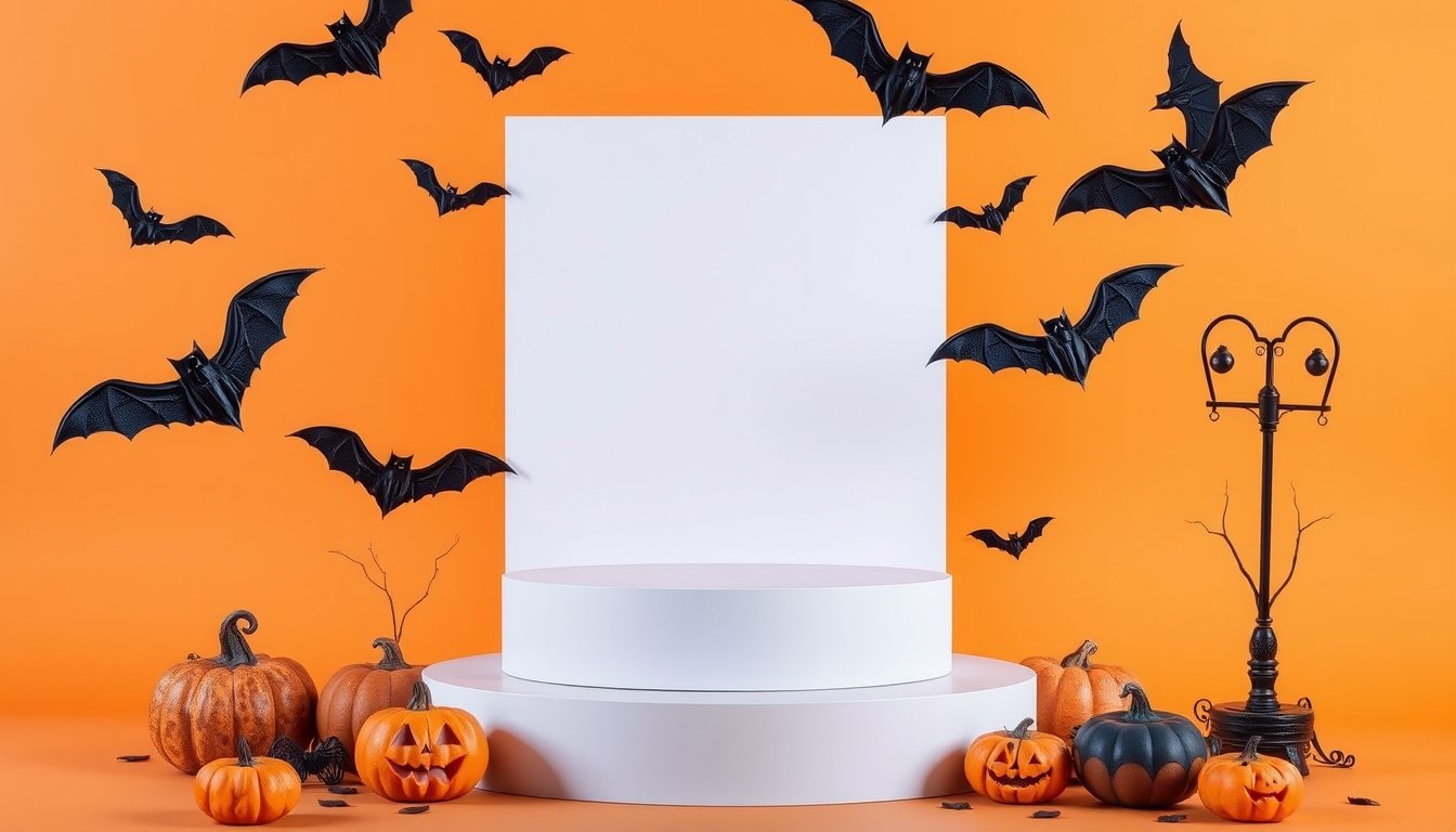 Creative Halloween composition with bats, podium, and orange background. Suitable for Product Display and Business Concept.