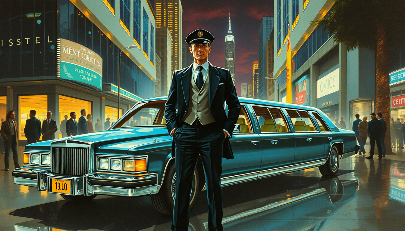 A very futuristic, business limo concept, a painting by Syd Mead, 4k, a chauffeur stands at attention, detailed, city setting, night, circa 1972.