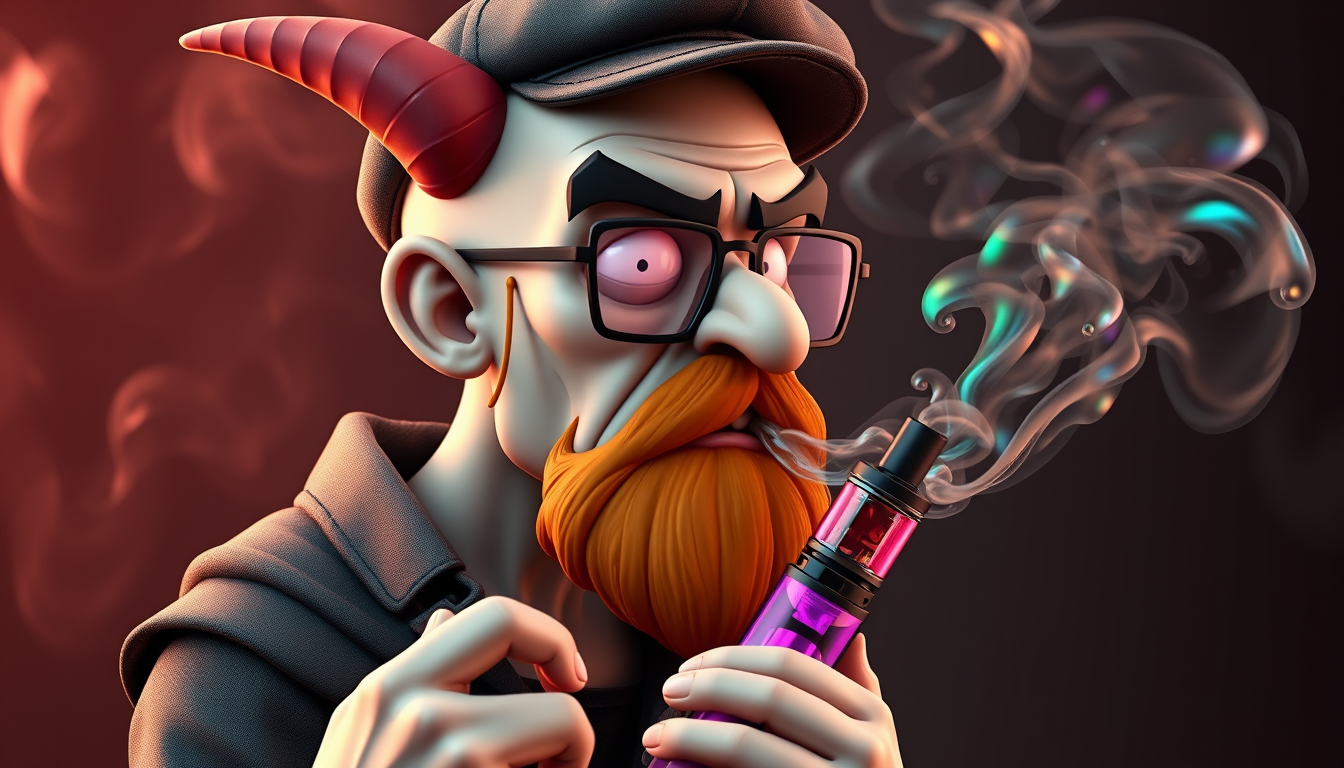 Three-quarter view of a sinister, bald cartoon human male with necromancer lich features. Demonic horns, short fiery ginger beard contrasts with dark eyebrows. Wears a weathered flat cap and aviator glasses. Clutches a sleek vape mod, exhaling dense, swirling vapor clouds. Vibrant e-liquid drips off his pale skin, creating a colorful aura. 3D rendered. - Image