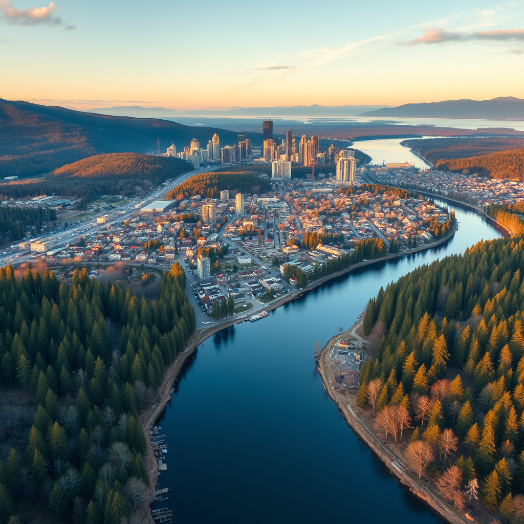 Cities skylines, plan of a small town in the woods by a river that flows into a lake, view from a helicopter.