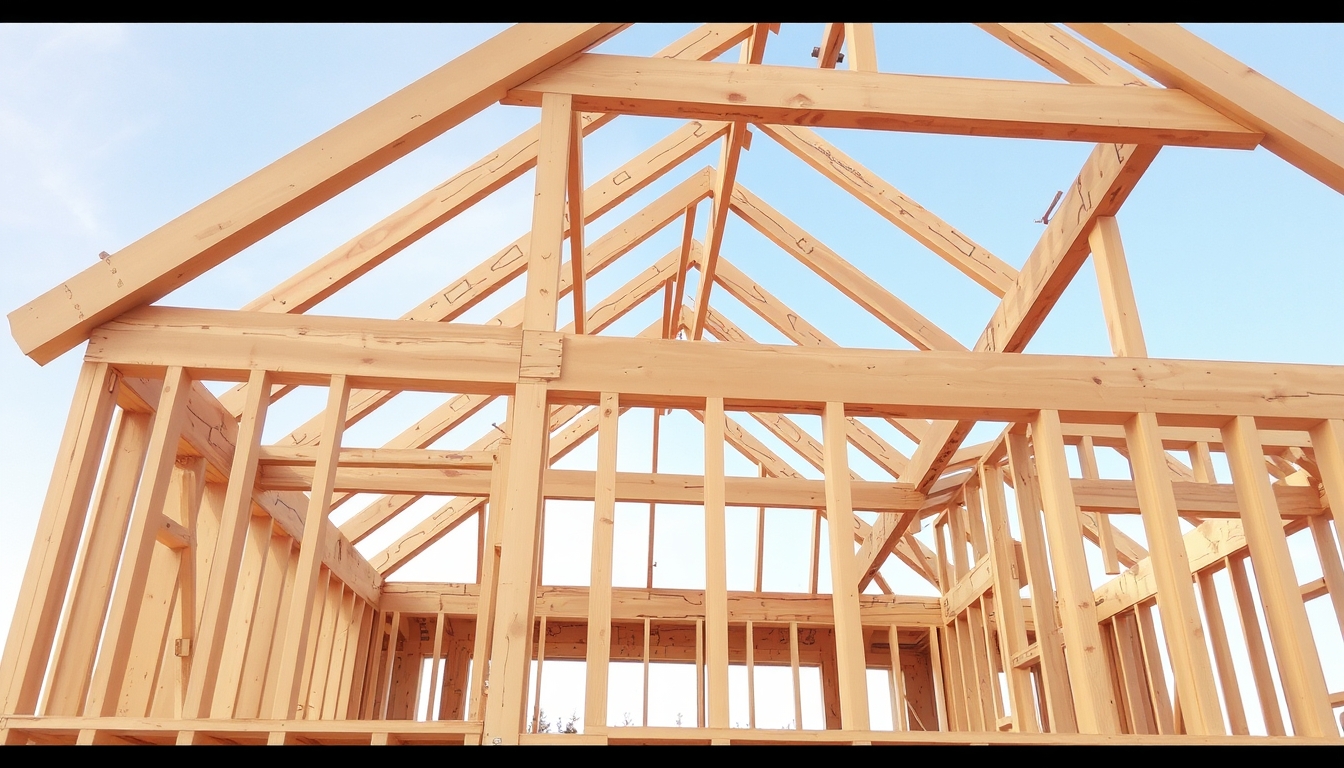 The wooden frame of a house under construction.