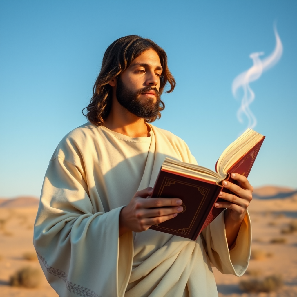 8K, Jesus Holding A Book Named "BARNABAS", In Dessert, Sky Blue, No Clues.