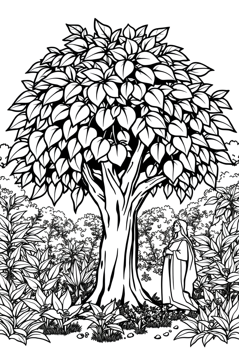 Coloring book page. Black and white outline for coloring: A lush garden scene with a prominent tree in the center. The tree has distinct leaves and hanging fruit. Add silhouettes of Adam and Eve near the tree. Line art vector style, white background, black and white drawing, sharp black lines.