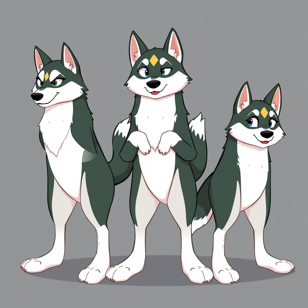 Species: Multiple cartoon fursona Huskies  
Body: Standing perfectly upright on two legs with full bodies  
Color Scheme: Darker fur areas colored in #06170e (very dark forest green)  
Lighter fur areas colored in clear white for the chest, muzzle, forearms, and tail tip  
White fur transitions from chest and forearms down the legs in a natural gradient or pattern, creating the appearance of white calves without directly modifying the body shape.  
Head: Golden brown diamond shape pattern on the forehead  
Legs: Digitigrade legs  
Face: Friendly and expressive  
Full body image.  