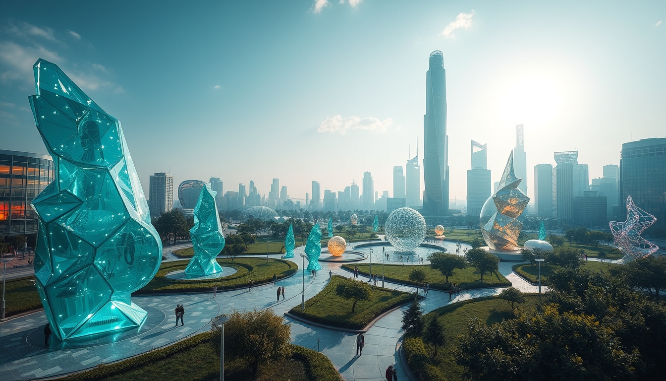 A futuristic city park with glass sculptures and interactive installations. - Image