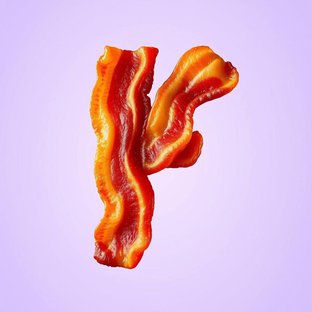 A letter "F" made of fried bacon in a light purple background, realistic photograph. - Image