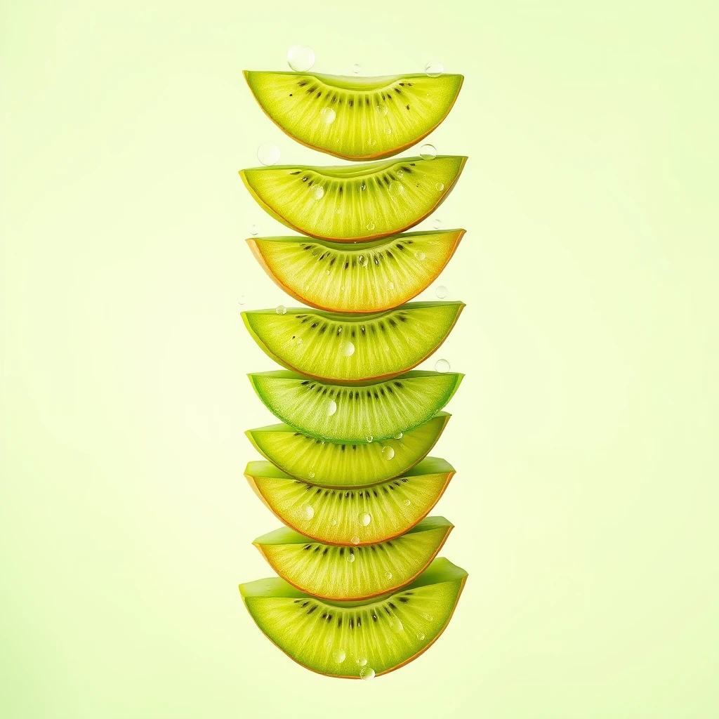 Create an image featuring slices of aloe vera plant arranged in a vertical stack, appearing as if they are floating in mid-air. The kiwi slices should be interspersed with small aloe vera gel drops, giving a sense of movement and lightness. The background should be a smooth gradient of light green, providing a fresh and vibrant backdrop that complements the colors of the fruit. The overall composition should emphasize a sense of balance and harmony, with the plant centered in the image. - Image