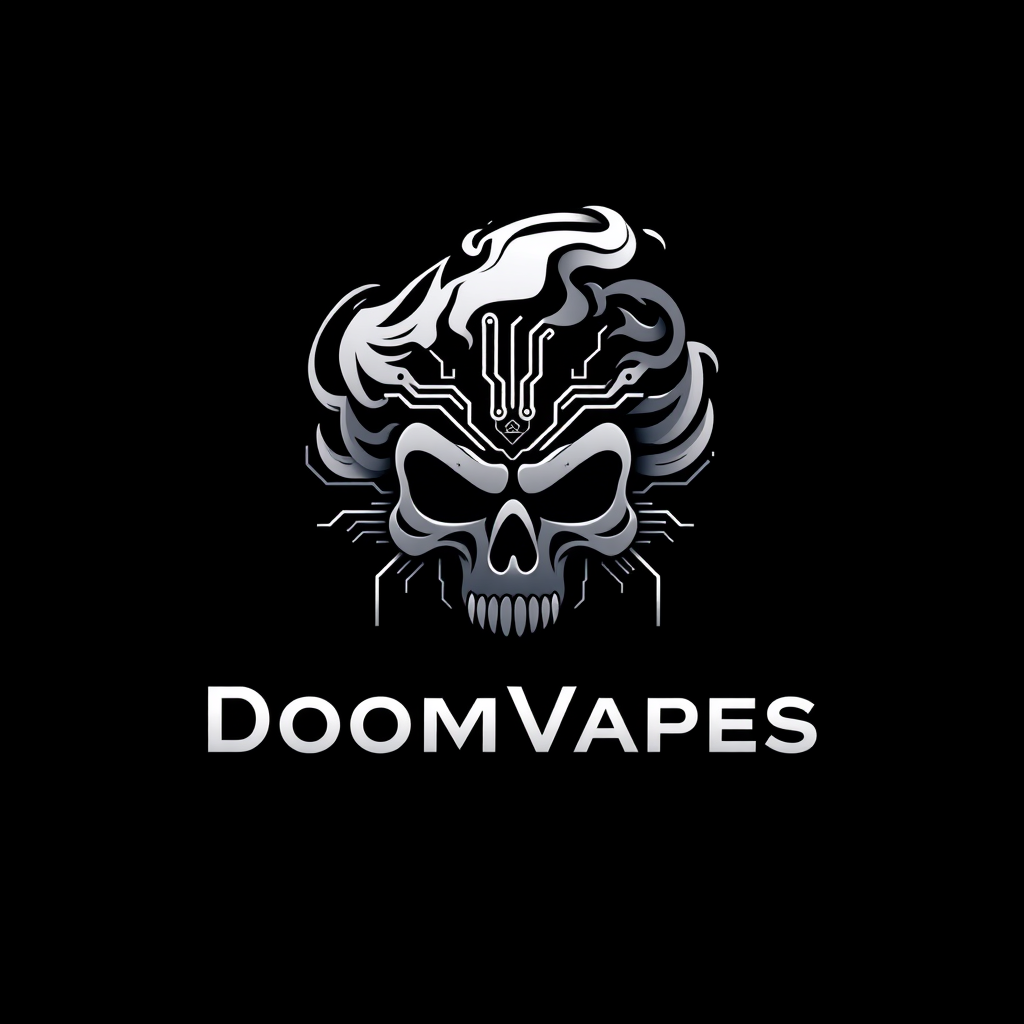 Sleek, minimalist logo design for DoomVapes, a cutting-edge vapemod company. Incorporate a stylized vapor cloud forming an ominous skull shape, with subtle circuit board patterns. Use a dark metallic gradient background. Combine futuristic tech aesthetics with gothic undertones. Sharp, vector-style execution.