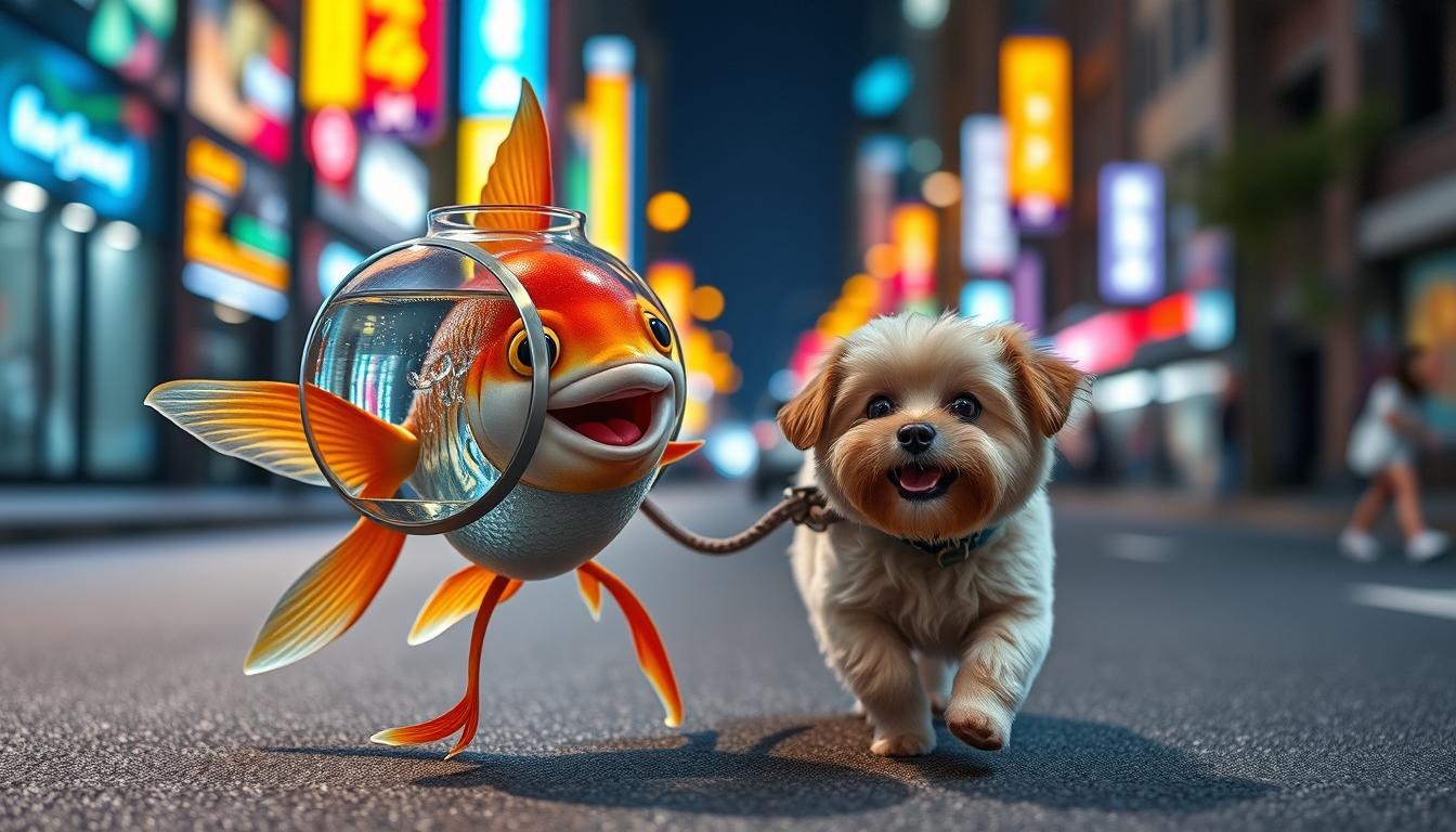 A cute, happy goldfish wearing a fish bowl as a breathing mask (half filled with water) is walking a cute dog on a leash in the streets at night, with colorful city lights. The goldfish is happily laughing, mouth open, with a cute face, walking on fins (no legs), while a fluffy dog is in front, doing a silly walk. Ultra realistic, realism. - Image