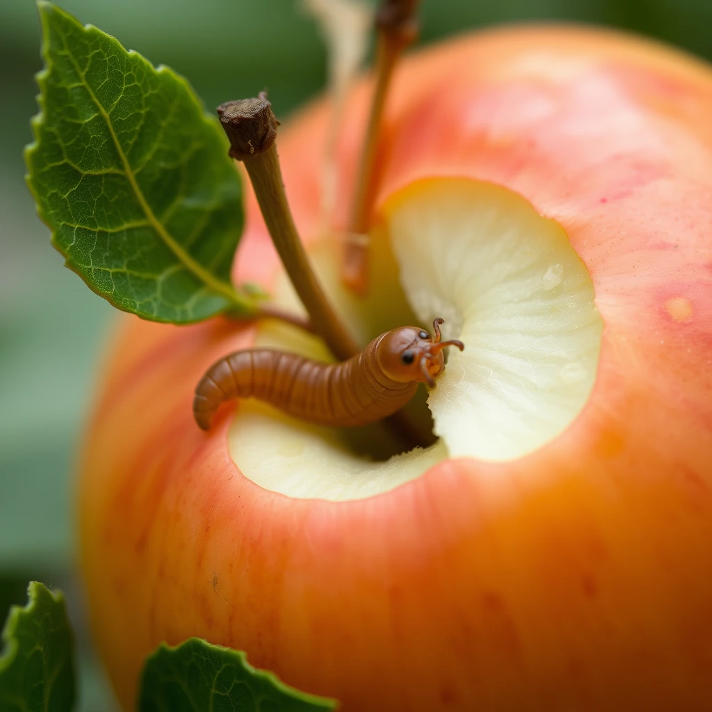 An apple bitten by a worm. - Image