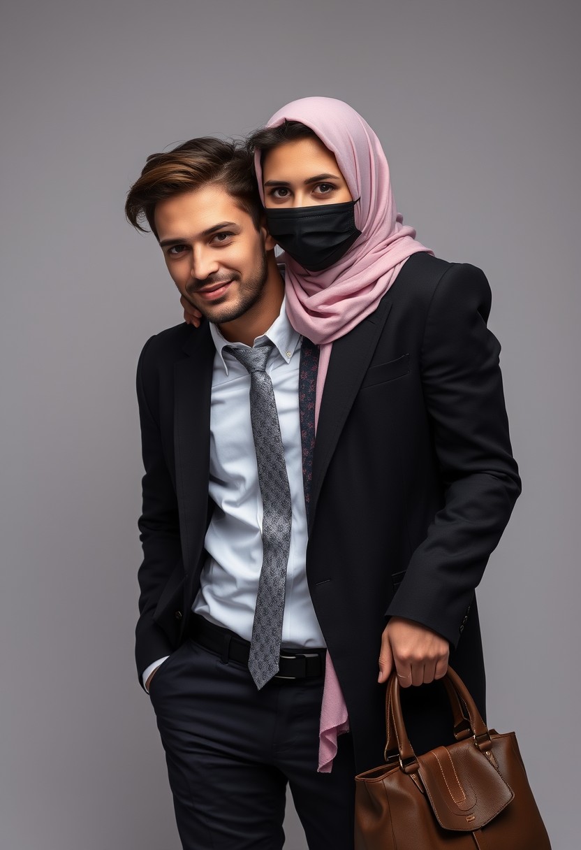 Jamie Dornan's head and body shot, handsome, young, shy smile, white shirt half-buttoned, grey patterned tie, black suit coat, leather shoes, leather bag, dating with the biggest soft pink hijab girl, beautiful eyes, black face mask, biggest floral juba, hyper-realistic, studio photography, full photography. - Image