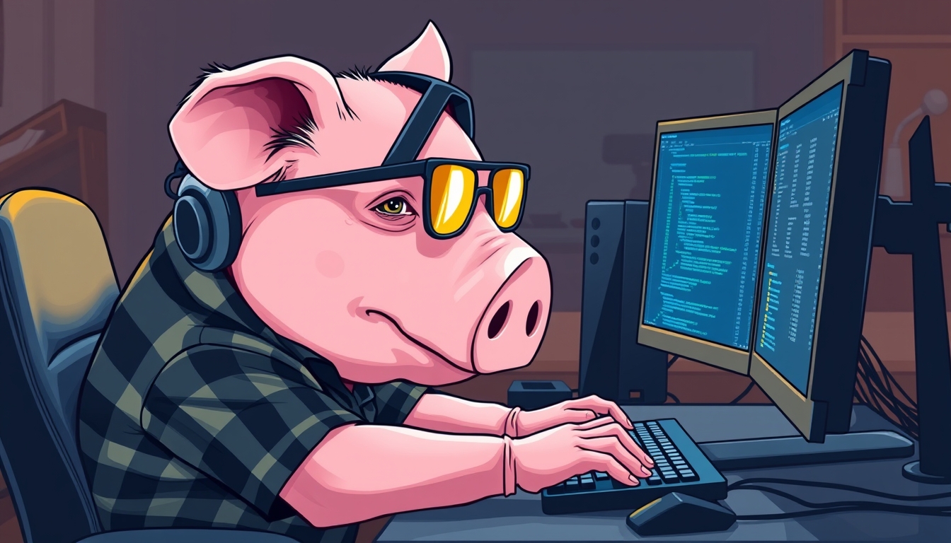 A tech-savvy pig coder, wearing yellow-tinted glasses and sleek noise-cancelling headphones, hunches over a cutting-edge multi-monitor setup. The anthropomorphic pig exudes focus, typing furiously. He is dressed in a plaid t-shirt. - Image