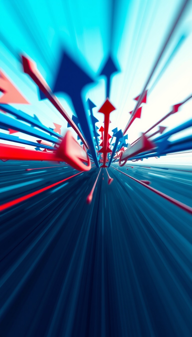 "The blue and red arrows rush towards the camera, creating a sense of perspective and speed." - Image