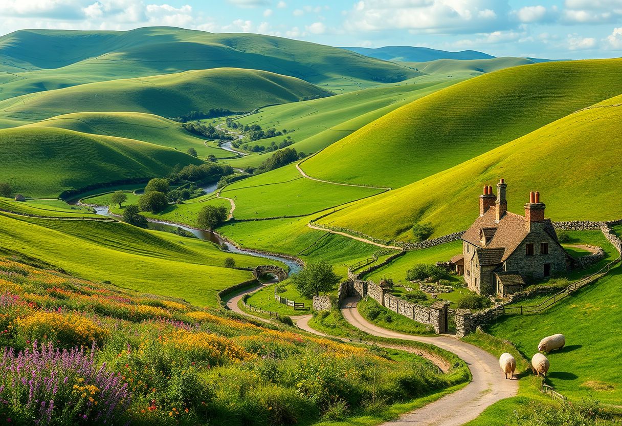 Rolling, green hills, pastoral, idyllic, countryside, meandering streams, vibrant wildflowers, grazing livestock, picturesque, high quality, photorealistic ancient stone cottages, winding pathways, charming, peaceful, rural farmhouses, straw bales, grazing sheep. - Image