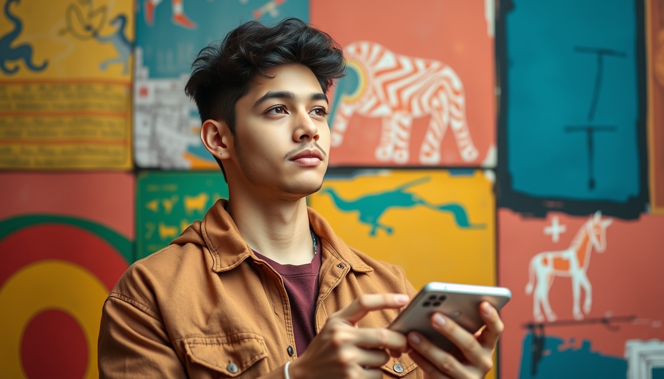 Photo portrait of a pretty young male holding a gadget, looking into empty space, wearing a trendy brown outfit, isolated on a colorful background, 8k UHD, high detail.