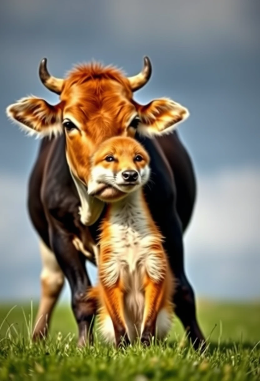 Low resolution photo of a cow holding a fox, screenshot, low quality, 480p. - Image