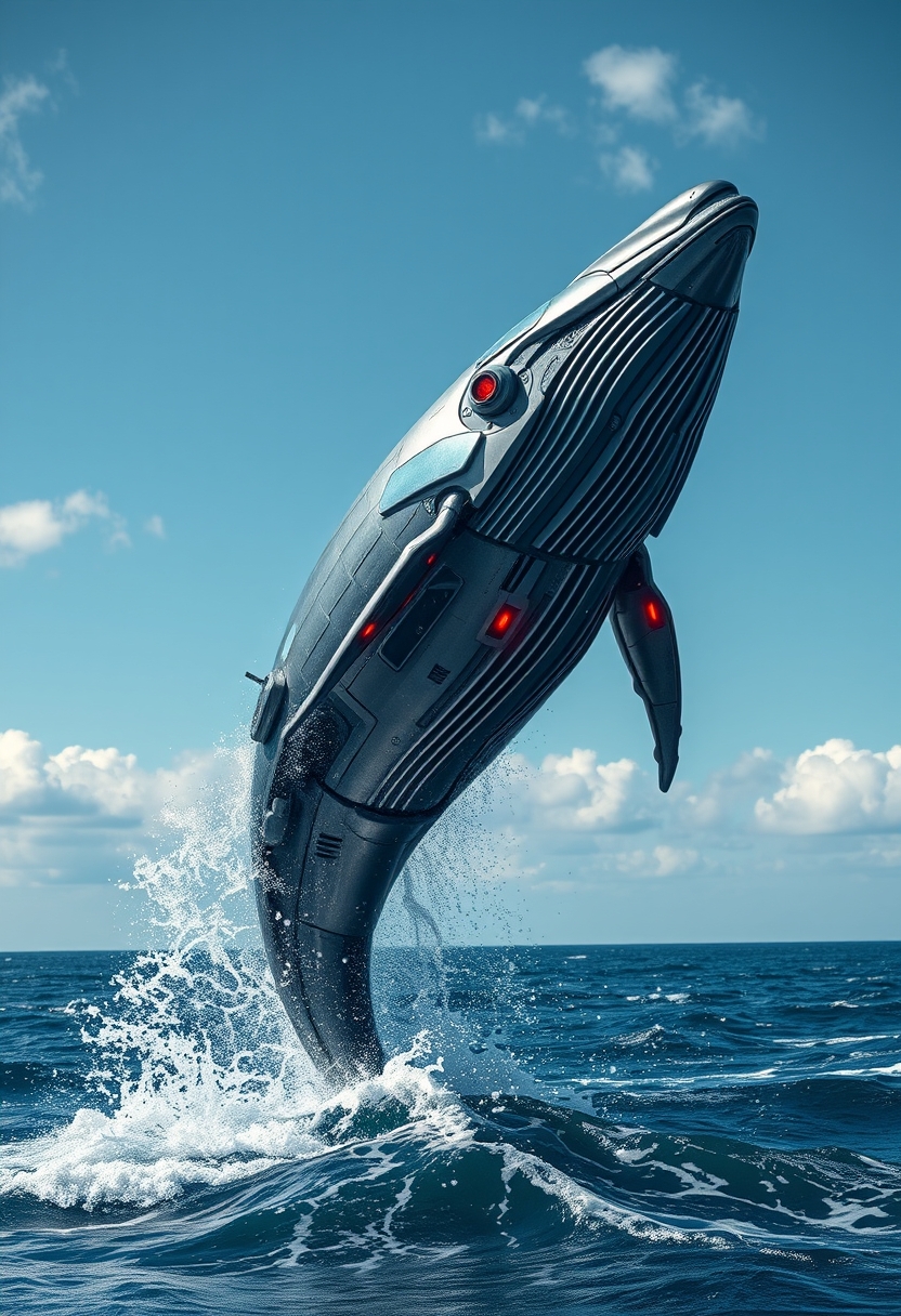 A cybernetic whale leaping dramatically above the ocean waves. The whale's body, an impressive fusion of organic and mechanical elements, gleams with sleek metal plating and intricate circuits and red LED lamps. Its skin features panels and glowing blue lines, hinting at advanced technology integrated into its form. Water sprays off its metallic surface as it breaches, reflecting the sunlight and adding a dynamic sparkle to the scene. Below, the ocean waves churn and splash, contrasting with the whale's futuristic design. The background showcases a clear sky with a few scattered clouds, further emphasizing the grandeur of this extraordinary moment where nature meets technology. - Image