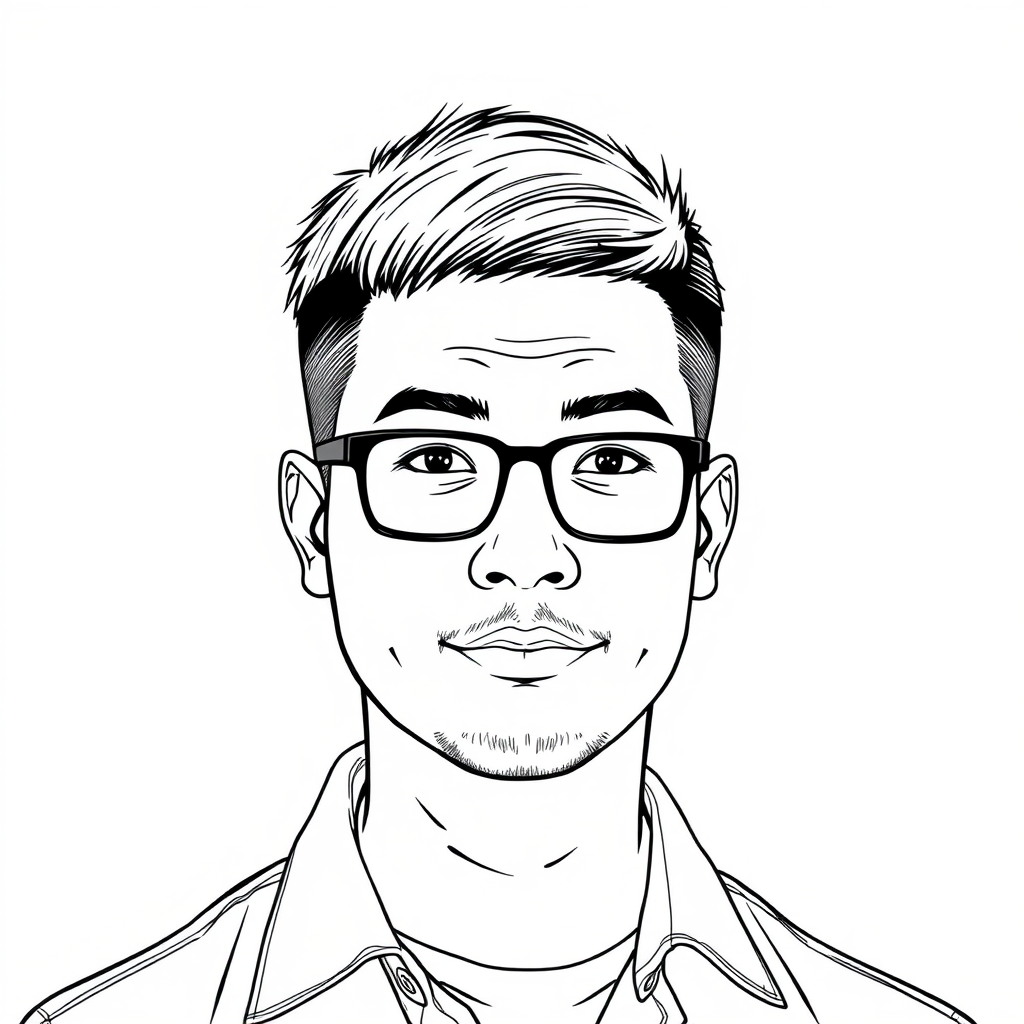 A cool black and white line drawing of a man around 35 years old, with short cropped hair, Asian descent, wearing black thin-frame glasses, a slightly short beard on his chin, a shirt, a full face, clean and fresh skin, and a slightly overweight build. - Image