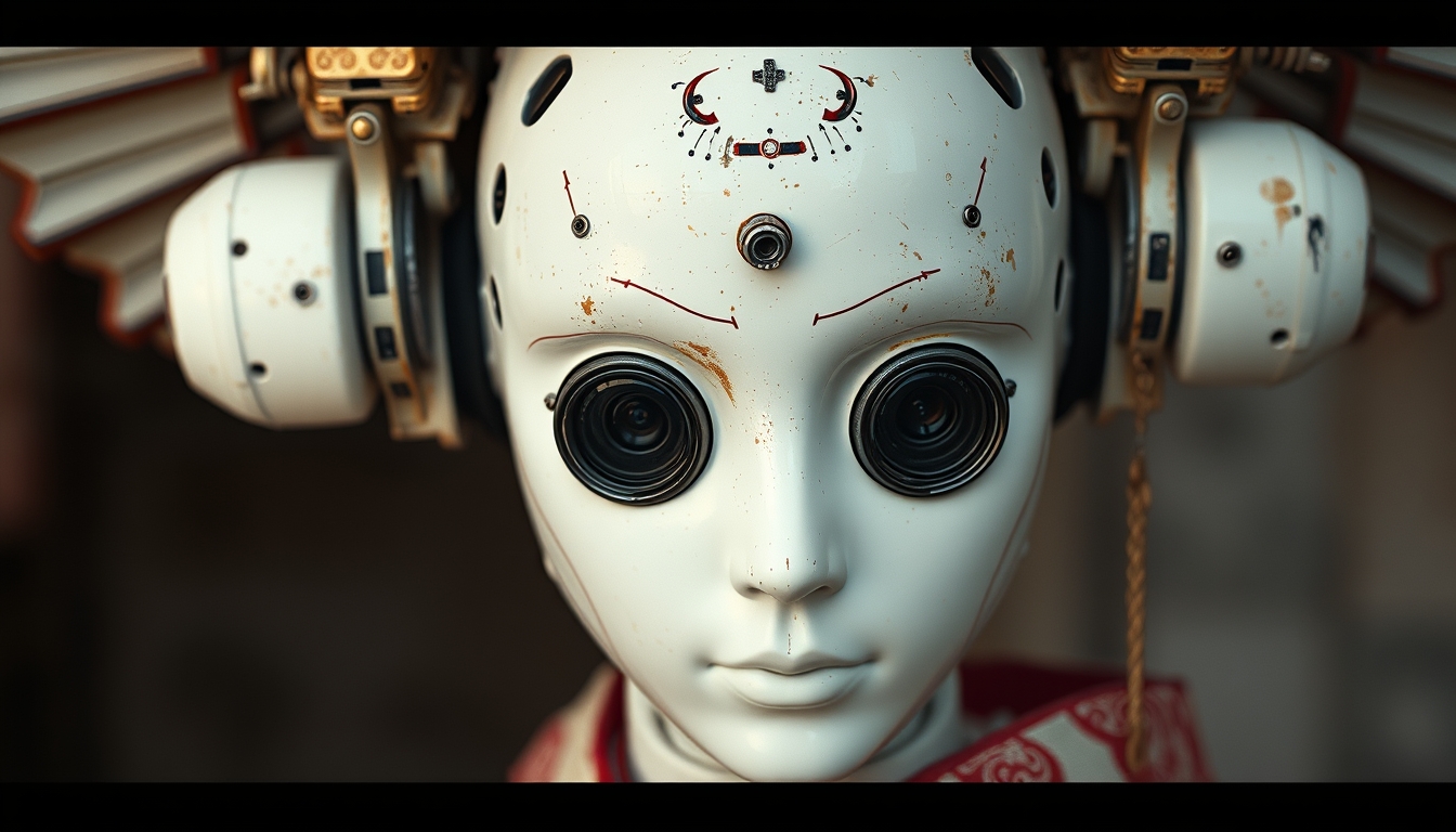 (geisha::0.9) (android robot face::2.2), white ceramic material, many mechanical details, seams, scuffing, rust, (camera lenses instead of pupils:1.5) (traditional intricate Japan clothes:1.5) (style by Yuri Shwedoff), shallow depth of field, vignette, (Fujicolor Superia X-TRA 400)